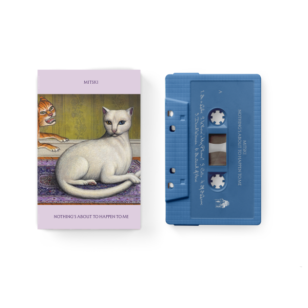 Mitski "Nothing's about to happen to me" cassette tape cover shown with a blue colored cassette tape