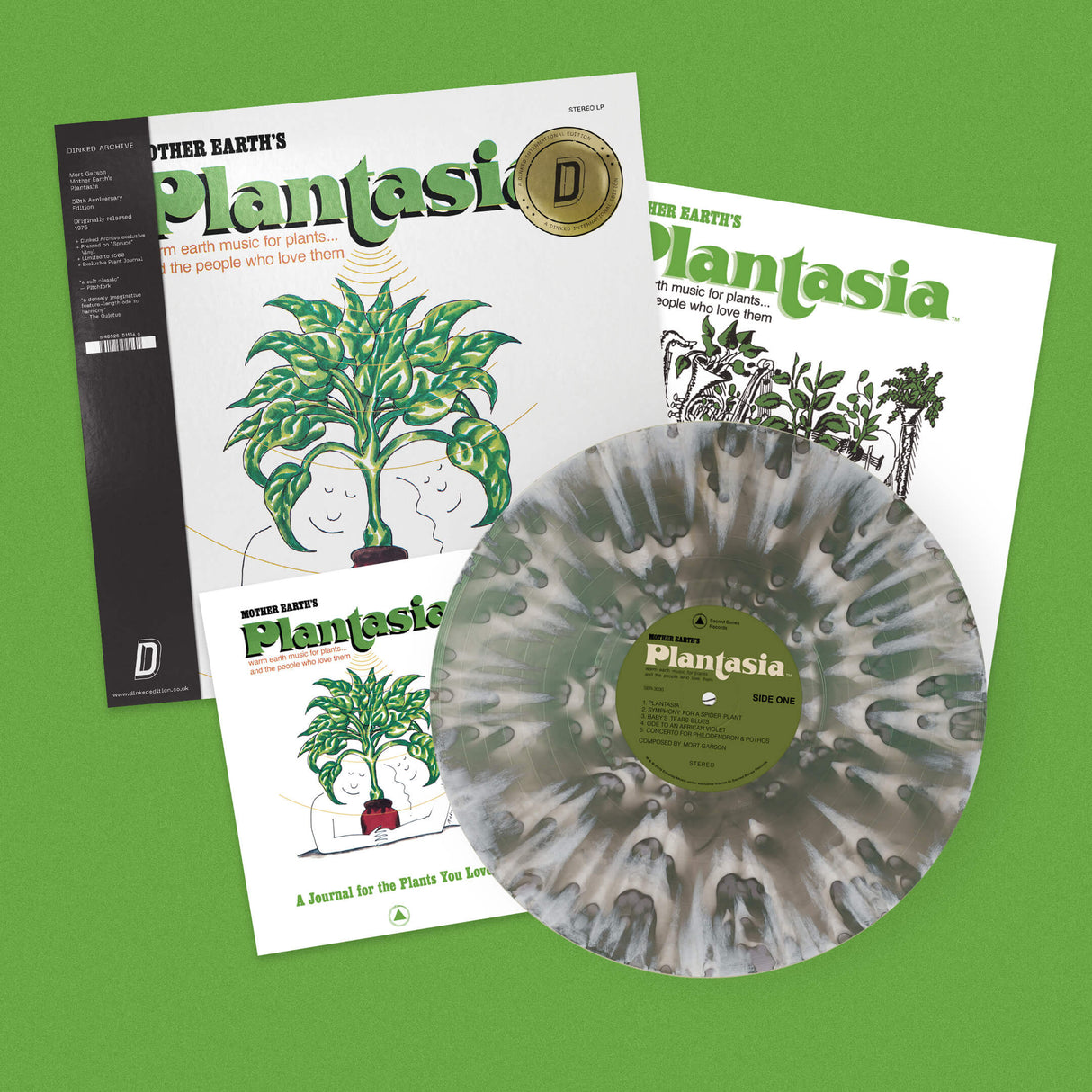 A vinyl record album cover and printed journal covers for Mort Garson's "Mother Earth's Plantasia" are arranged on a solid green background. The record is translucent with a mottled gray and green pattern (or "spruce" colored), and the covers feature green plant illustrations and the Plantasia title.
