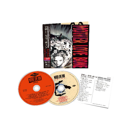 Mother Love Bone "Apple + Shine" CD album cover with an OBI strip, shown with 2 CD's and the liner notes