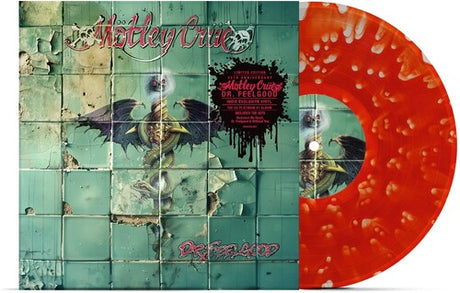 Motley Crue "Dr. Feelgood" 35th Anniversary reimagined album cover, shown with a red with clear splatter colored vinyl record