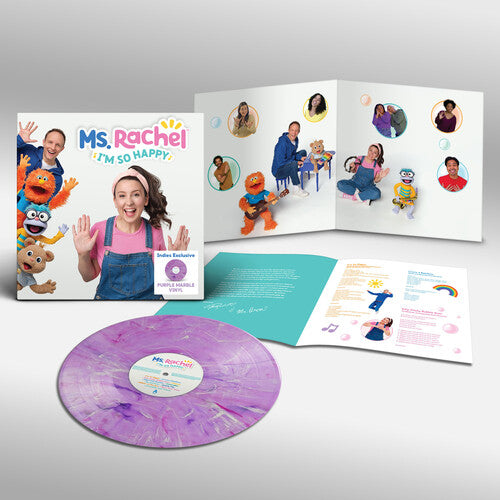 Ms. Rachel - I'm So Happy album cover, insert, and purple marble vinyl 