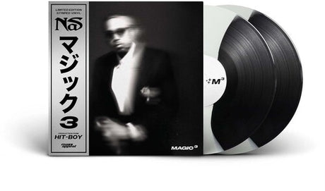 Nas - Magic 3 album cover showin with black and white split-colored vinyl record