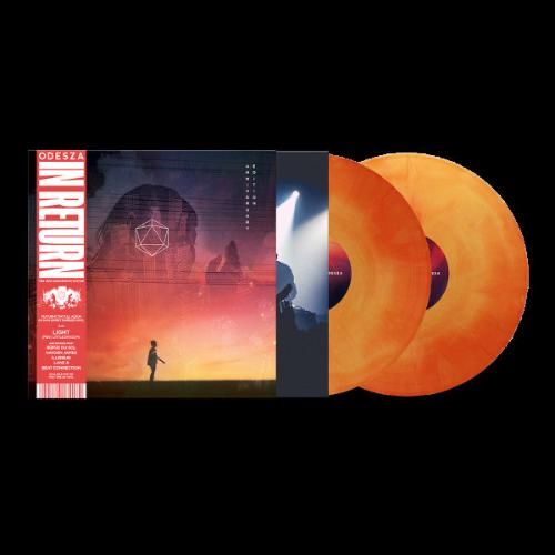 Odesza - In Return album cover and orange marble 2LP vinyl. 