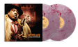 Album cover for Outkast Idlewild depicting Big Boi in a suit and fur coat holding a microphone and Andre 3000 sitting at a piano further back in the image of the cover. Two pink marbled vinyl records sticking out of the sleeve.