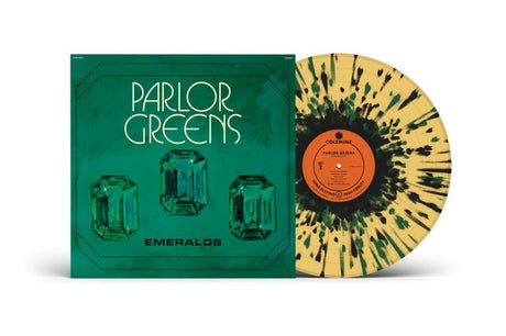 Parlor Greens 'Emerald' album cover featuring an emerald design, shown with a beer colored vinyl record with green and black splatter accents.