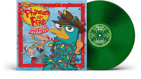 Phineas And Ferb: Holiday Favorites album cover and green vinyl. 