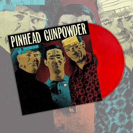 Pinhead Gunpowder "UNT" album cover shown with a red colored vinyl record, set over a backdrop image that is a close-up of the album cover