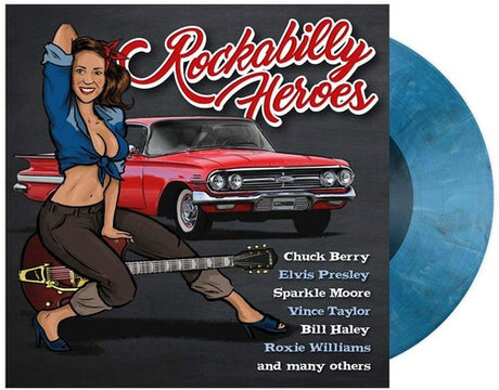 Rockabilly Heroes compilation album cover shown with blue marble colored vinyl record
