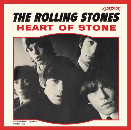 Album cover of 'Heart of Stone' by The Rolling Stones with red border and black and white photo of band members.