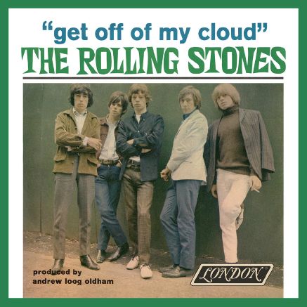 Album cover of 'Get Off My Cloud' by The Rolling Stones featuring band members and text.