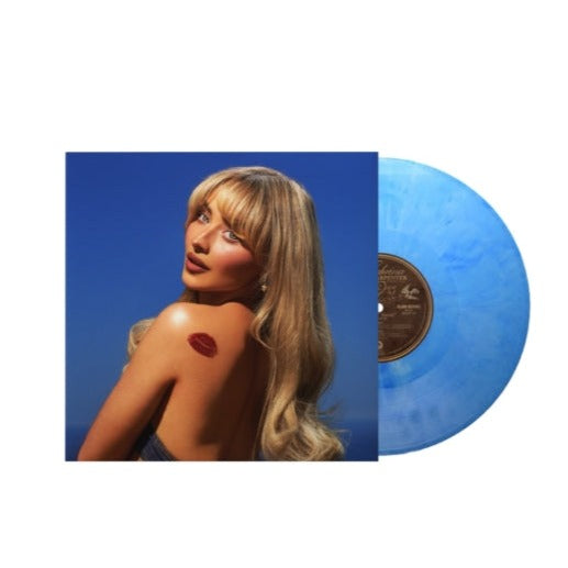 Sabrina Carpenter - Short n' Sweet album cover shown with a light sky blue colored vinyl record