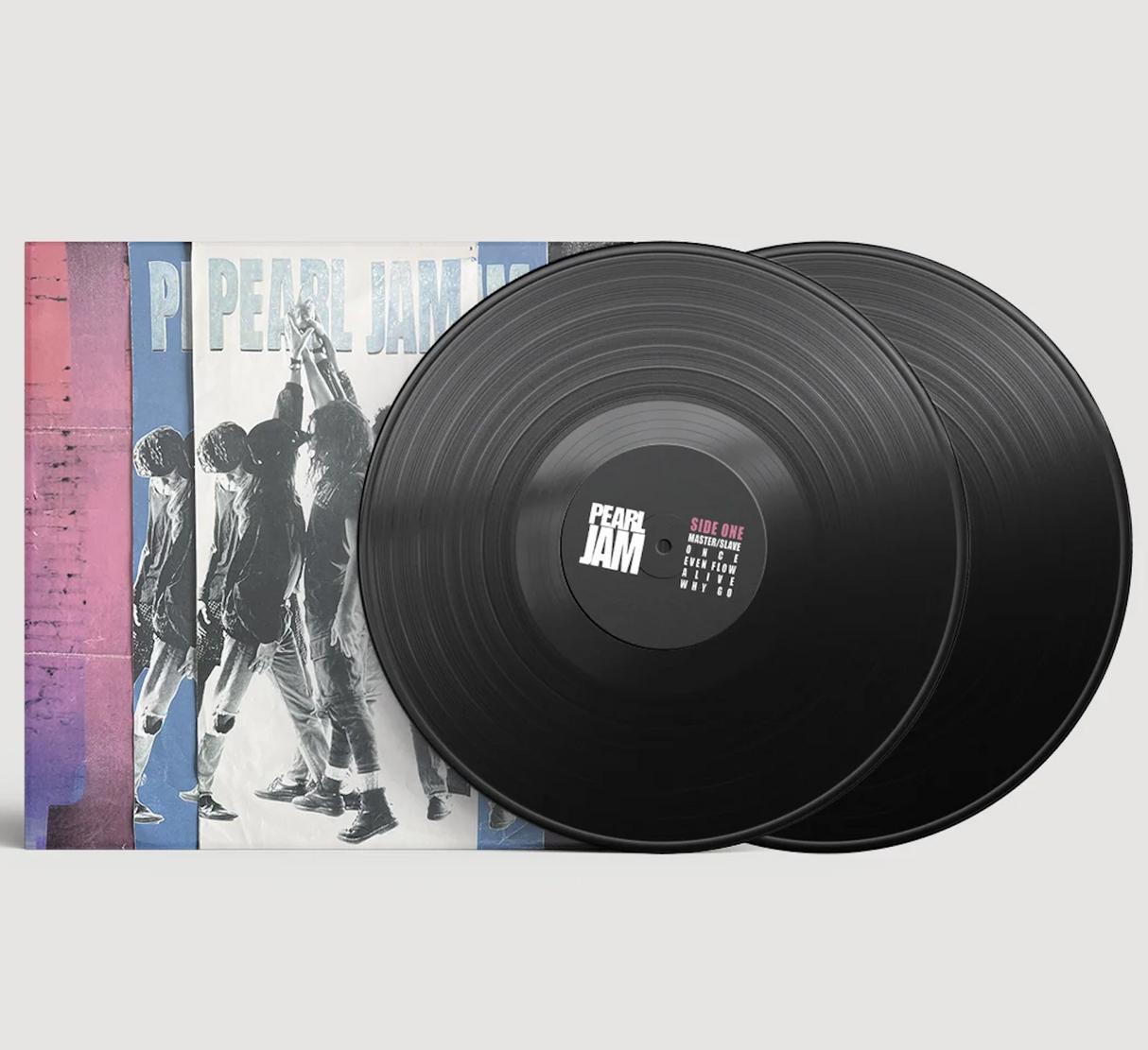 Album cover for Pearl Jam Ten Live featuring the band in a circle with their arms raised set against a multi colored (red, blue, white) backdrop and "Pearl Jam Live" text at the top in light blue coloring. Two black vinyl records laid over the right half of the record sleeve and off to the side of the record sleeve.