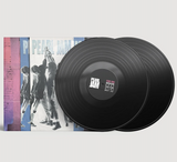 Album cover for Pearl Jam Ten Live featuring the band in a circle with their arms raised set against a multi colored (red, blue, white) backdrop and "Pearl Jam Live" text at the top in light blue coloring. Two black vinyl records laid over the right half of the record sleeve and off to the side of the record sleeve.