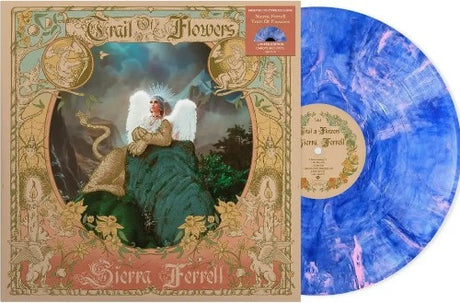 Sierra Ferrell - Trail of Flowers album cover shown with blue & pink swirl colored vinyl record
