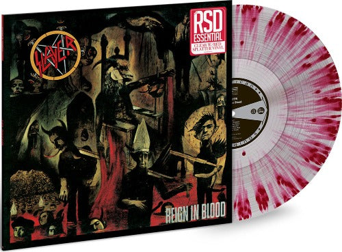 Slayer - Reign In Blood album cover with RSD Essential clear w/ red splatter vinyl. 