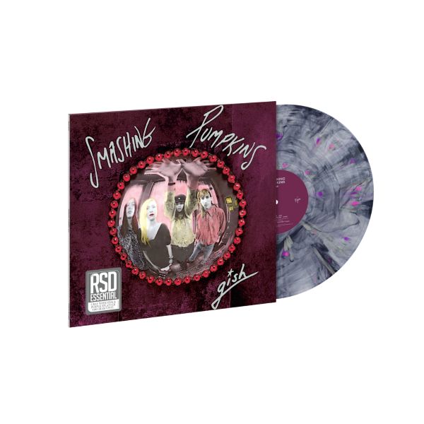 Smashing Pumpkins "Gish" album cover shown with a grey with pink and purple splatter color vinyl record