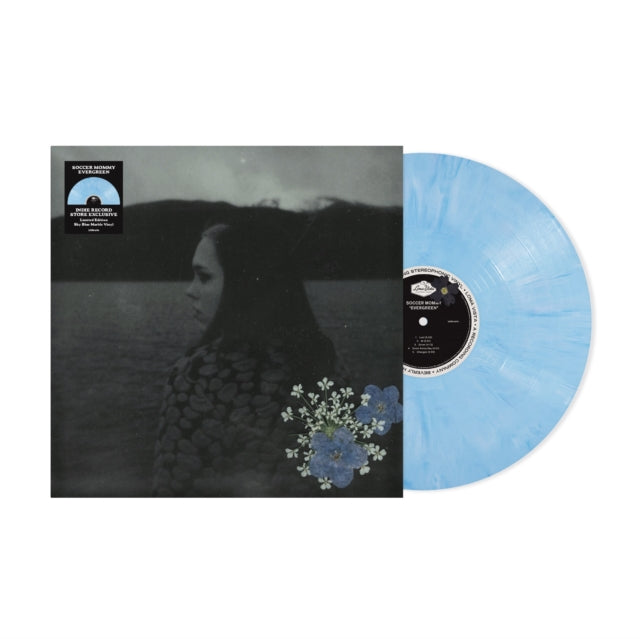 Soccer Mommy "Evergreen" album cover shown with a sky blue marble colored vinyl record