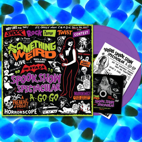 Something Weird "Spook Show Spectacular A-go-go" album cover, shown with a purple vinyl record, a DVD and the liner notes insert