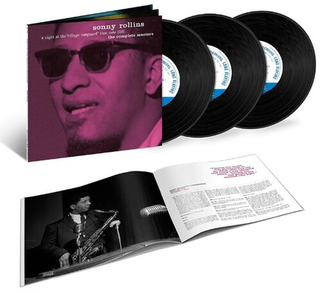 Sonny Rollins - A Night At The Village Vanguard: The Complete Masters album cover, insert, and 3LP black vinyl. 