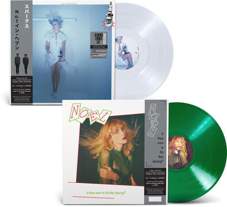 Sparks - No. 1 Song in Heaven album cover shown with a white vinyl record, and Noel - Is There more to life than dancing? album cover shown with a green vinyl record
