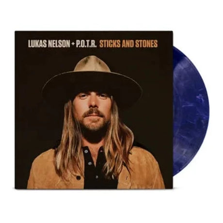 Lukas Nelson & Promise of the Real - Sticks And Stones album cover and blue w/ white swirl vinyl.  