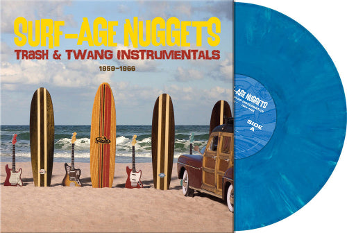 Surf-Age Nuggets: Trash & Twang Instrumentals album cover and blue vinyl. 