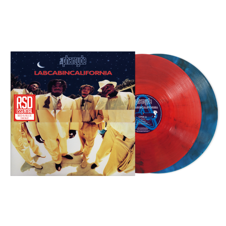 The Pharcyde "labcabincalifornia" album cover shown with one red and one blue smoke colored vinyl record