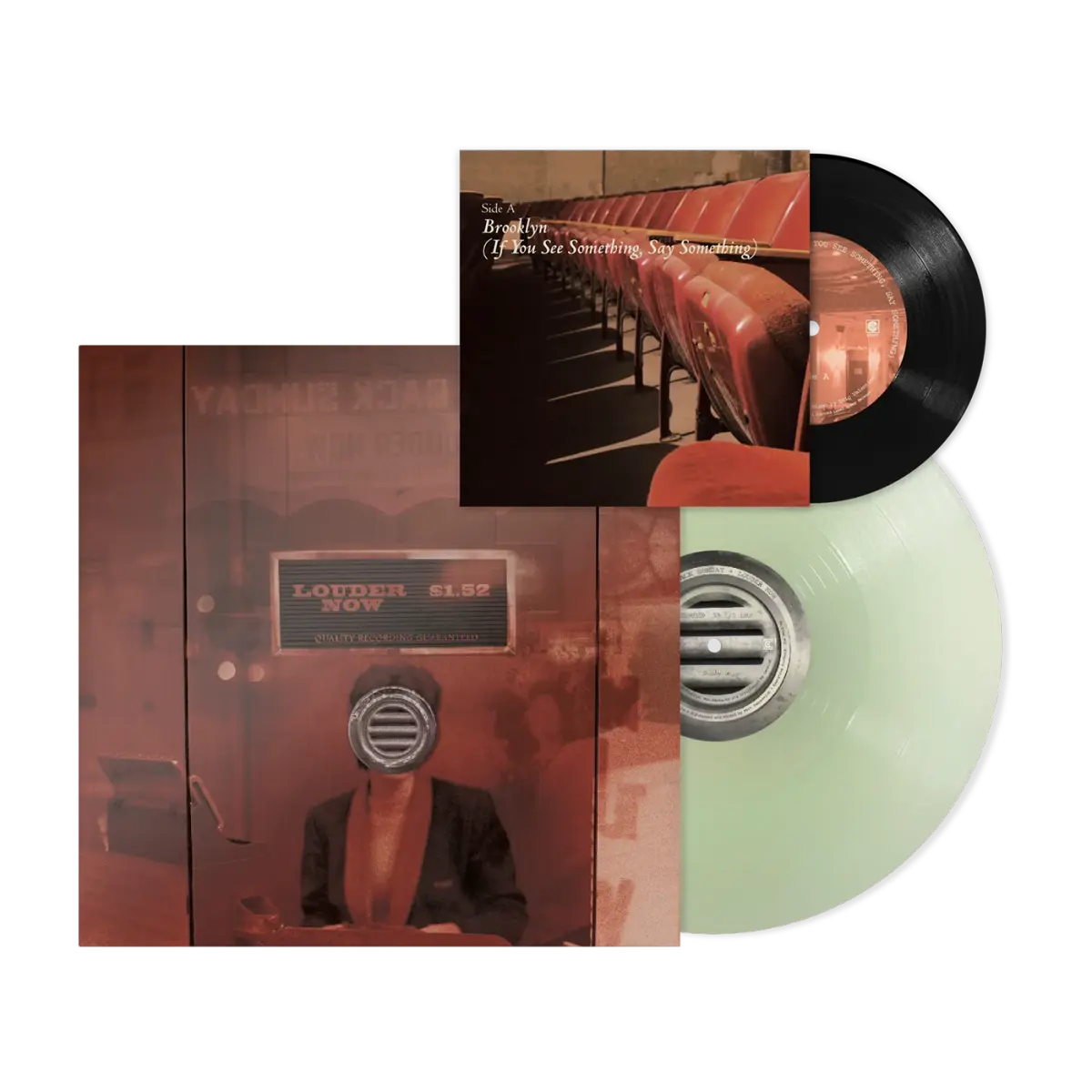 Taking Back Sunday - Louder Now album cover, coke bottle green LP and black 7" single. 