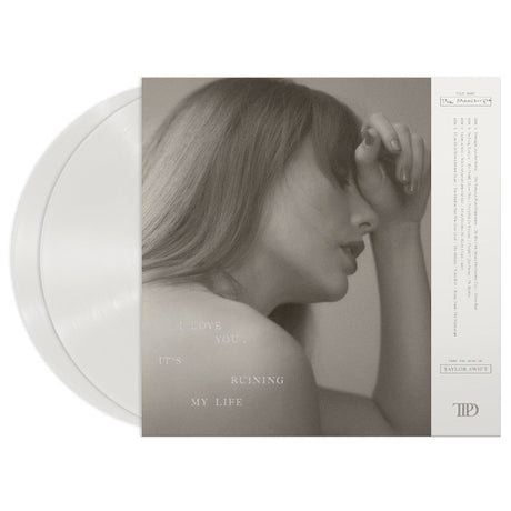 Back of Taylor Swift "The Tortured Poets Department" album cover shown with 2 white colored vinyl records