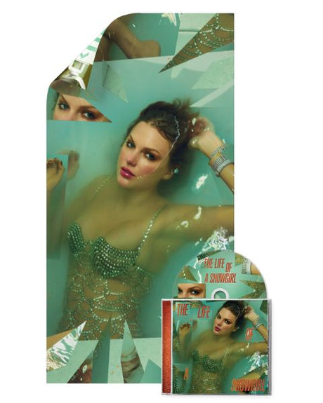 Taylor Swift "The Life of a Showgirl" CD shown with a poster of the album art and a CD with the title printed on it.