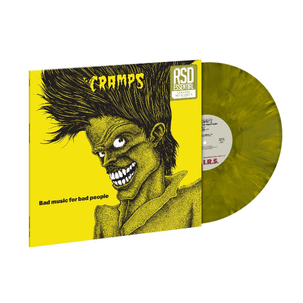 The Cramps "Bad music for bad people" album cover shown with a green marbled color vinyl record