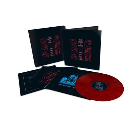 Sisters of Mercy - First And Last And Always album cover and red & black marble vinyl. 