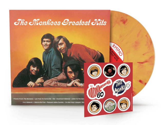 Album Cover for The Monkees Greatest Hits with Orange Flame colored vinyl and a sticker sheet.