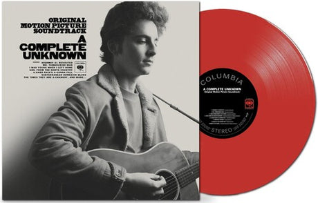 Timothee Chalamet - A Complete Unknown album cover and red vinyl. 