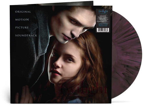 Twilight (OST) album cover and purple and black splatter vinyl. 