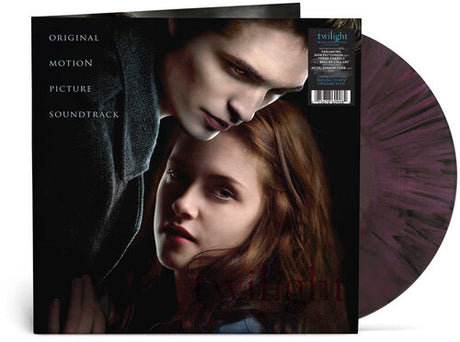 Twilight (OST) album cover and purple and black splatter vinyl. 