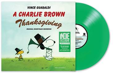 Vince Guaraldi - A Charlie Brown Thanksgiving soundtrack album cover shown with a green colored vinyl record