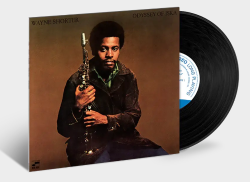 Wayne Shorter - Odyssey Of Iska album cover and black vinyl. 