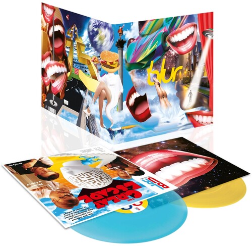 Blur - The Great Escape album cover and 2LP clear blue and yellow vinyl. 