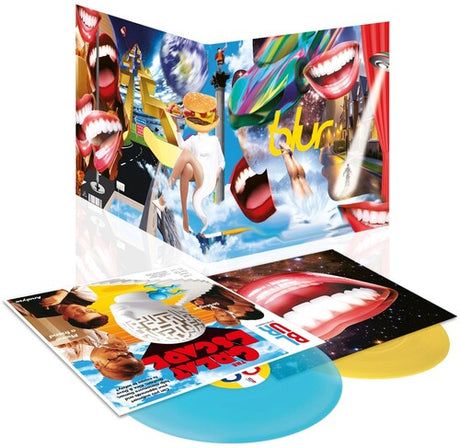 Blur - The Great Escape album cover and 2LP clear blue and yellow vinyl. 