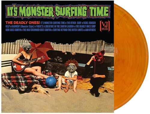 deadly ones - It's Monster Surfing Time album cover and orange vinyl. 