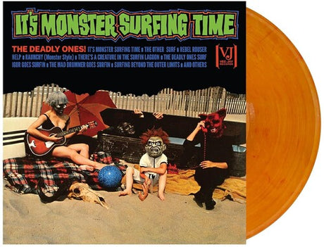 deadly ones - It's Monster Surfing Time album cover and orange vinyl. 