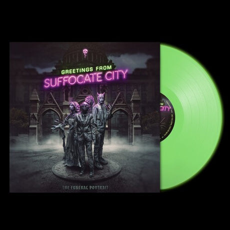 Funeral Portrait - Greetings From Suffocate City album cover and glow in the dark vinyl. 