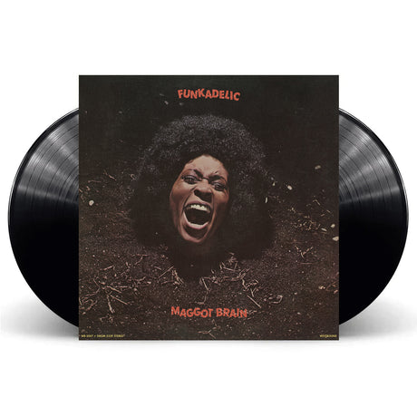 Album cover showing woman screaming surrounded by dirt and text of Funkadelic Maggot Brain, along with two black records