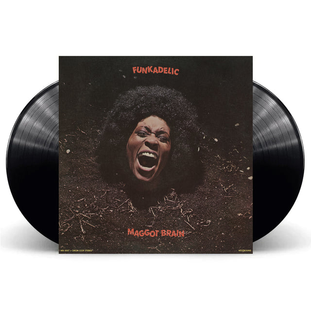 Album cover showing woman screaming surrounded by dirt and text of Funkadelic Maggot Brain, along with two black records