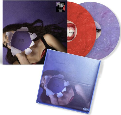 olivia rodrigo guts spilled album cover with a pink and purple vinyl record