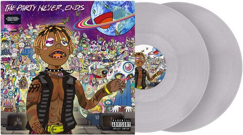 Juice Wrld - The Party Never Ends album cover and 2LP silver vinyl. 