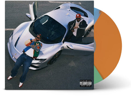 Larry June - Until Night Comes album cover and orange, green, and blue vinyl. 