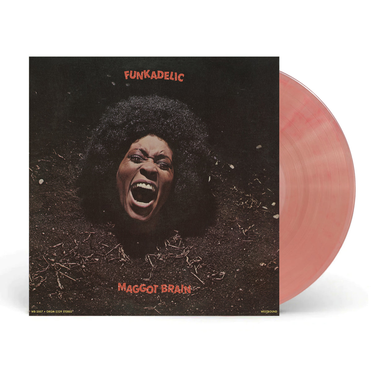 Album cover showing woman screaming, surrounded by dirt and text Funkadelic Maggot Brain with orange/red colored vinyl record