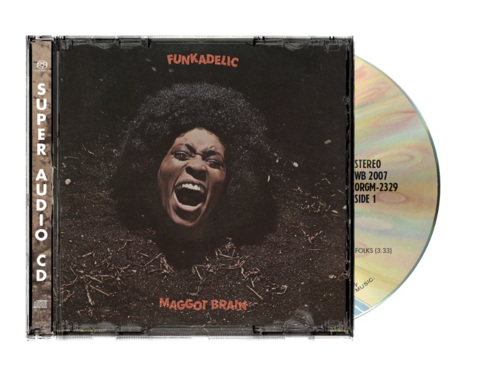 Super Audio CD case showing woman screaming surrounded by dirt and text of Funkadelic Maggot Brain with half of CD sticking out of side of CD case